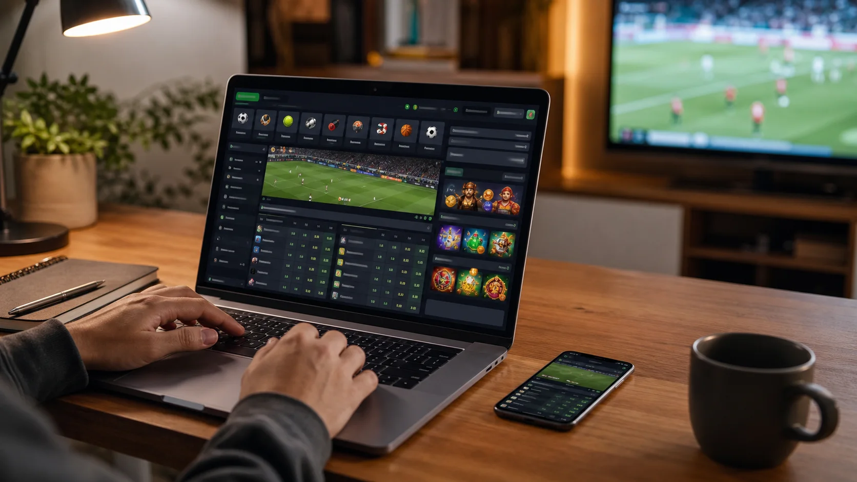 Plataforma proaposta em notebook e celular com apostas esportivas e cassino online